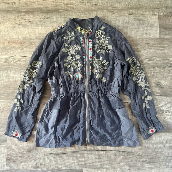 JOHNNY WAS Milton Embroidered Zip-Front Jacket Medium Floral Aztec Tribal Grey - Picture 3 of 8